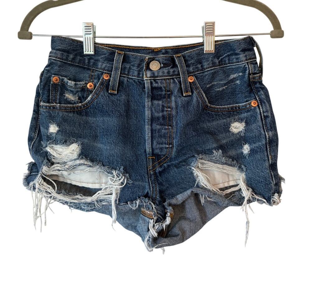 Levis 501 denim shorts 25 blue jeans cut-off distressed button fly